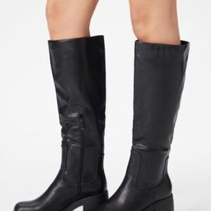 SQUARE TOE CHUNKY HEELED FAUX LEATHER KNEE HIGH BOOTS